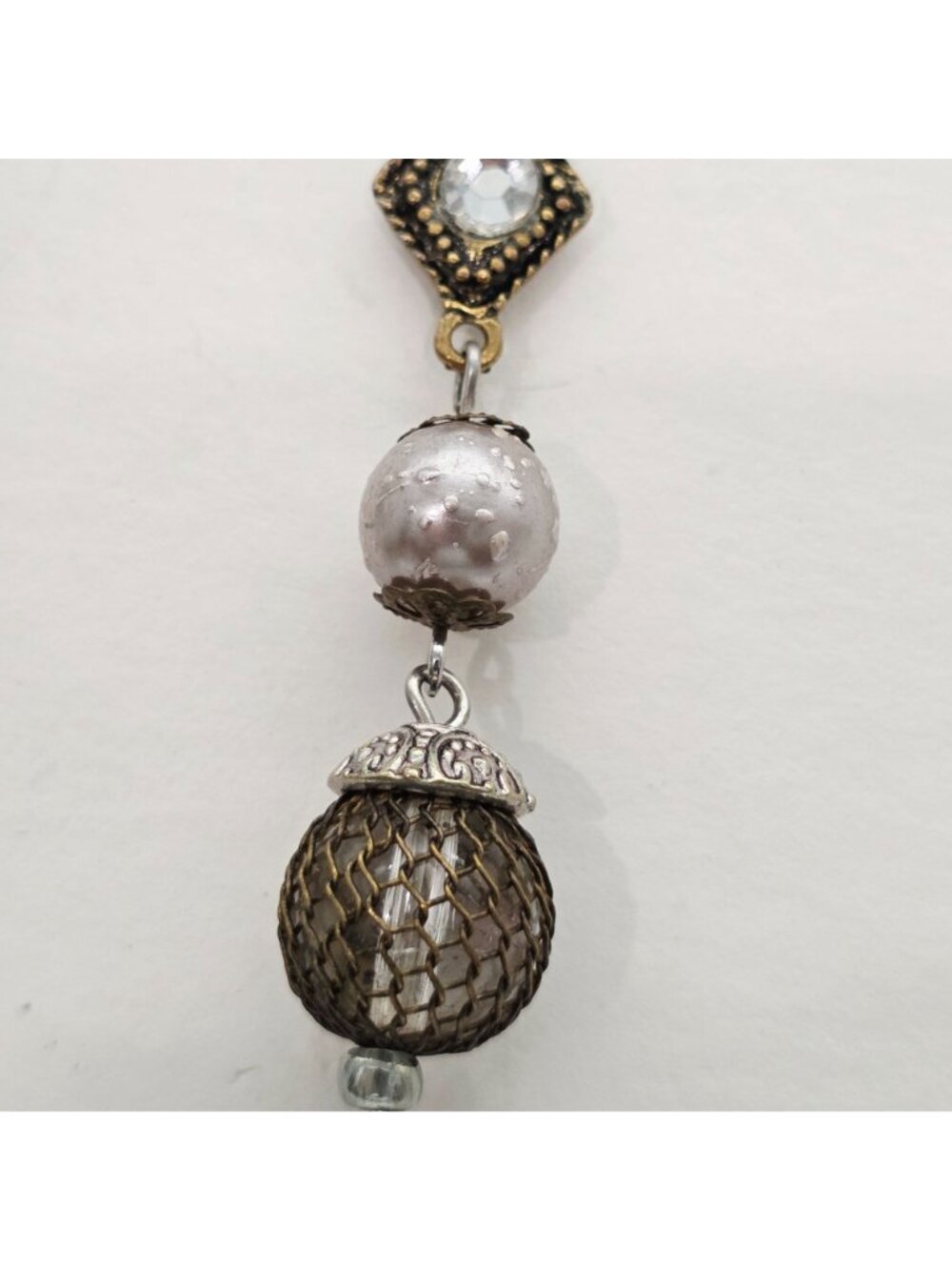 Drop Earrings With Faux Pearls & Mesh Beads Mixed Metal Rhinestone 2" - Picture 4 of 5